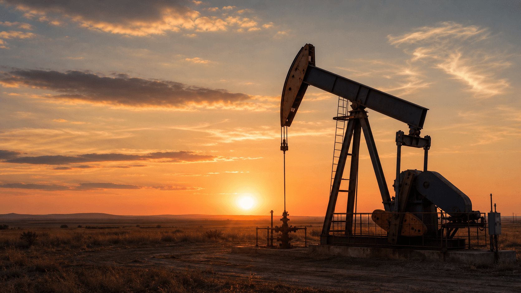 Oil pumpjack at sunset